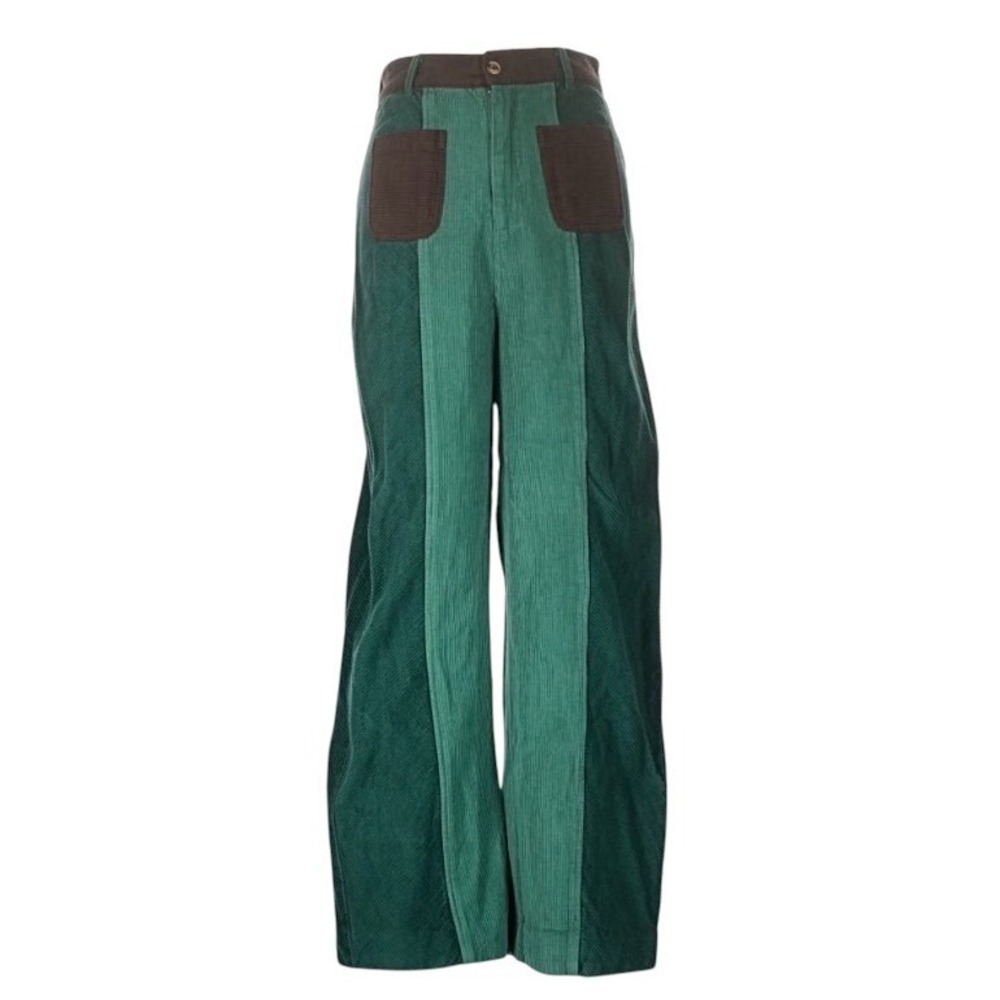 Sveti Stefan Green Colorblock Corduroy Wide Leg High Rise Trousers Size US 4 - Picture 5 of 10